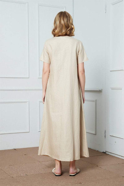 Pleated linen dress, Short Sleeved Linen Dress, Beige Linen Dress, Linen Dress, loose linen dress, womens dress, long linen dress C1426