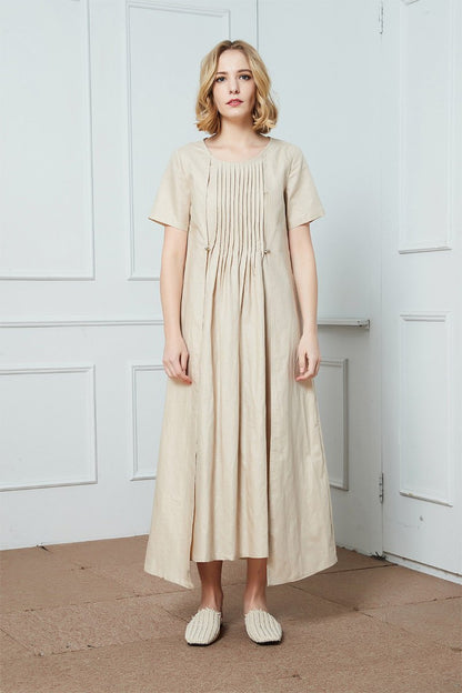 Pleated linen dress, Short Sleeved Linen Dress, Beige Linen Dress, Linen Dress, loose linen dress, womens dress, long linen dress C1426