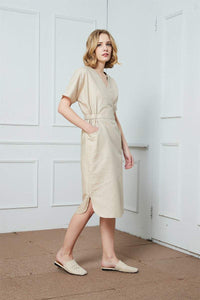 Linen dress, beige linen dress, midi linen dress, wrap linen dress, summer Dress, pockets dress C1425