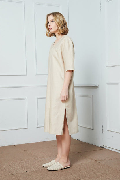 Simiple linen dress, summer dress, everyday dress, v-neck Linen Dress, oversized linen dress, Linen Kimono Sleeve Dress, beige dress C1424