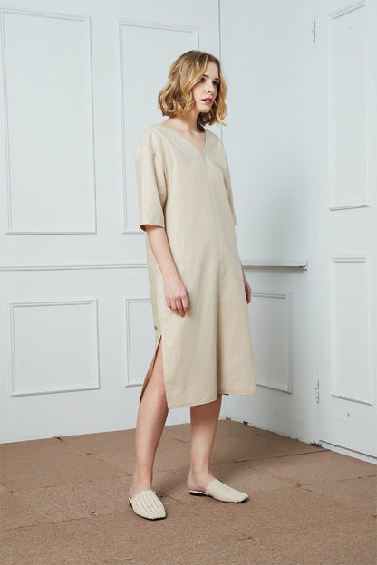 Simiple linen dress, summer dress, everyday dress, v-neck Linen Dress, oversized linen dress, Linen Kimono Sleeve Dress, beige dress C1424