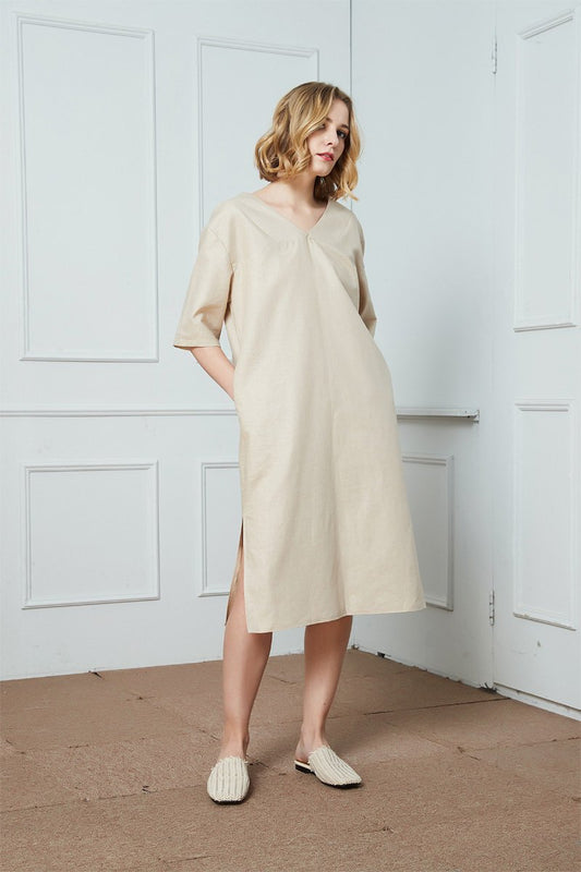 Simiple linen dress, summer dress, everyday dress, v-neck Linen Dress, oversized linen dress, Linen Kimono Sleeve Dress, beige dress C1424