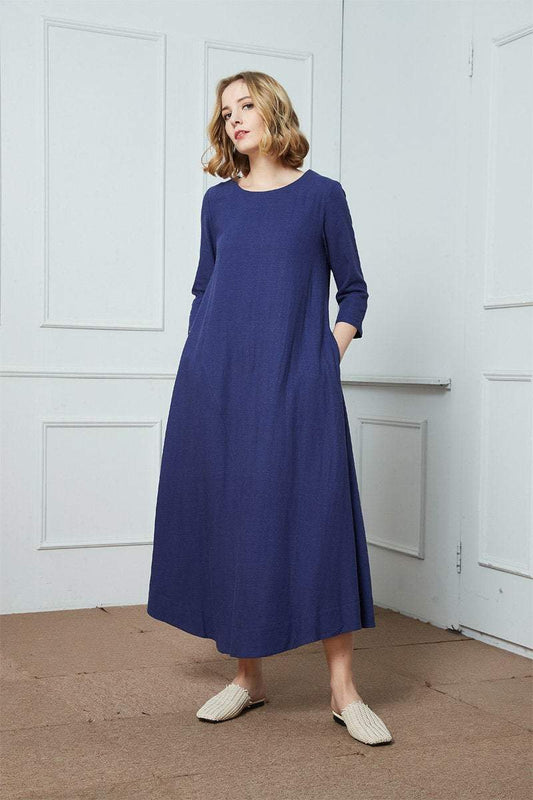 Linen dress, maxi linen dress, loose linen dress, summer dress, blue linen dress, dress with pockets C1420