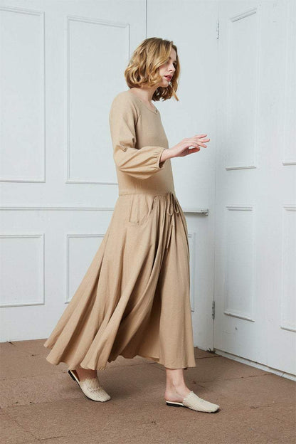 Linen dress, maxi linen dress, drawstring waist dress, oversize linen dress, long linen dress, dress with pockets C1428