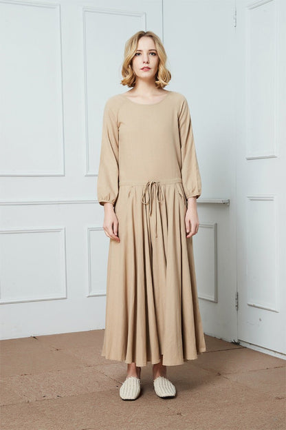 Linen dress, maxi linen dress, drawstring waist dress, oversize linen dress, long linen dress, dress with pockets C1428