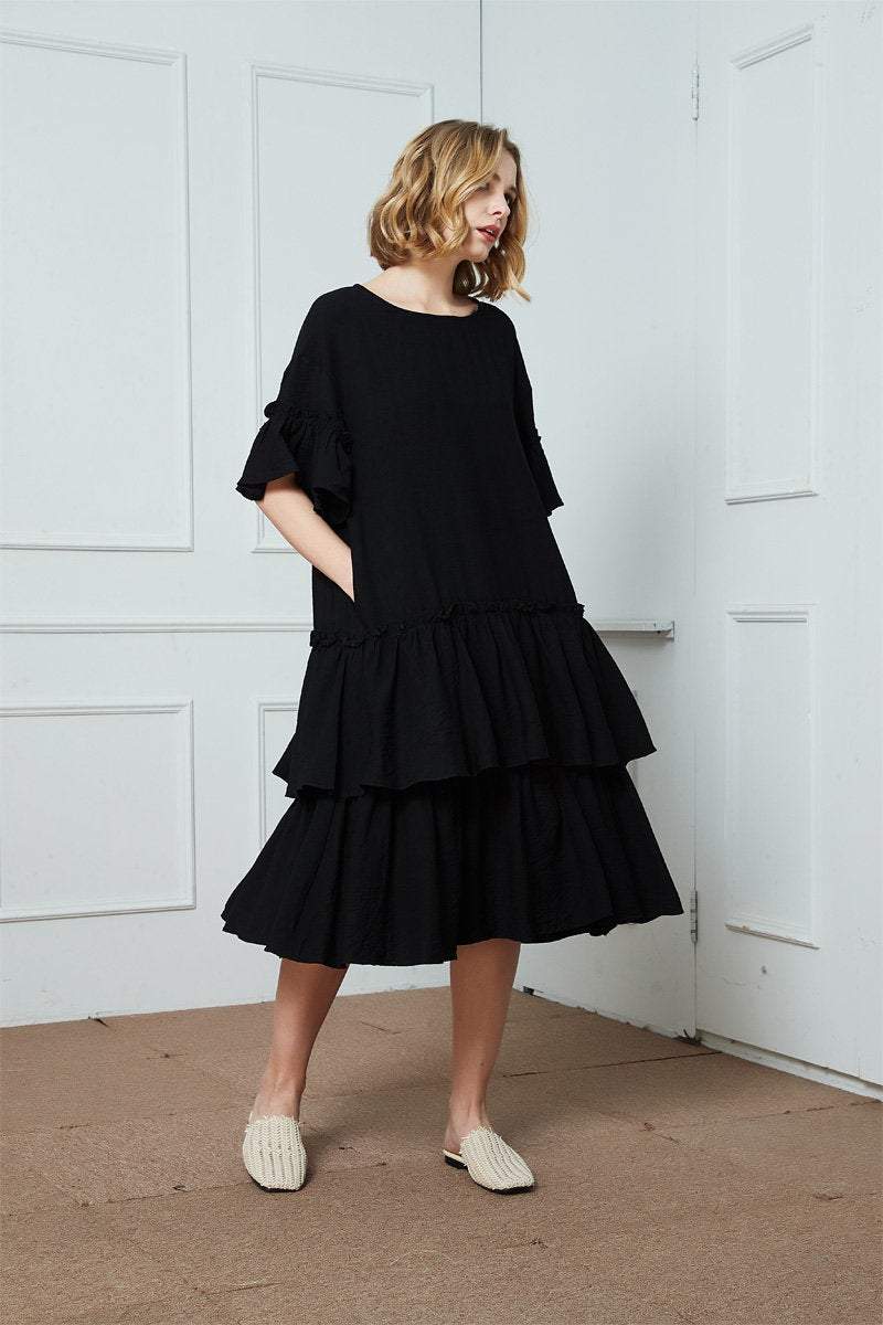 Black cotton ruffle dress, oversized cotton dress, midi dress, womens dresses, summer dress C1407