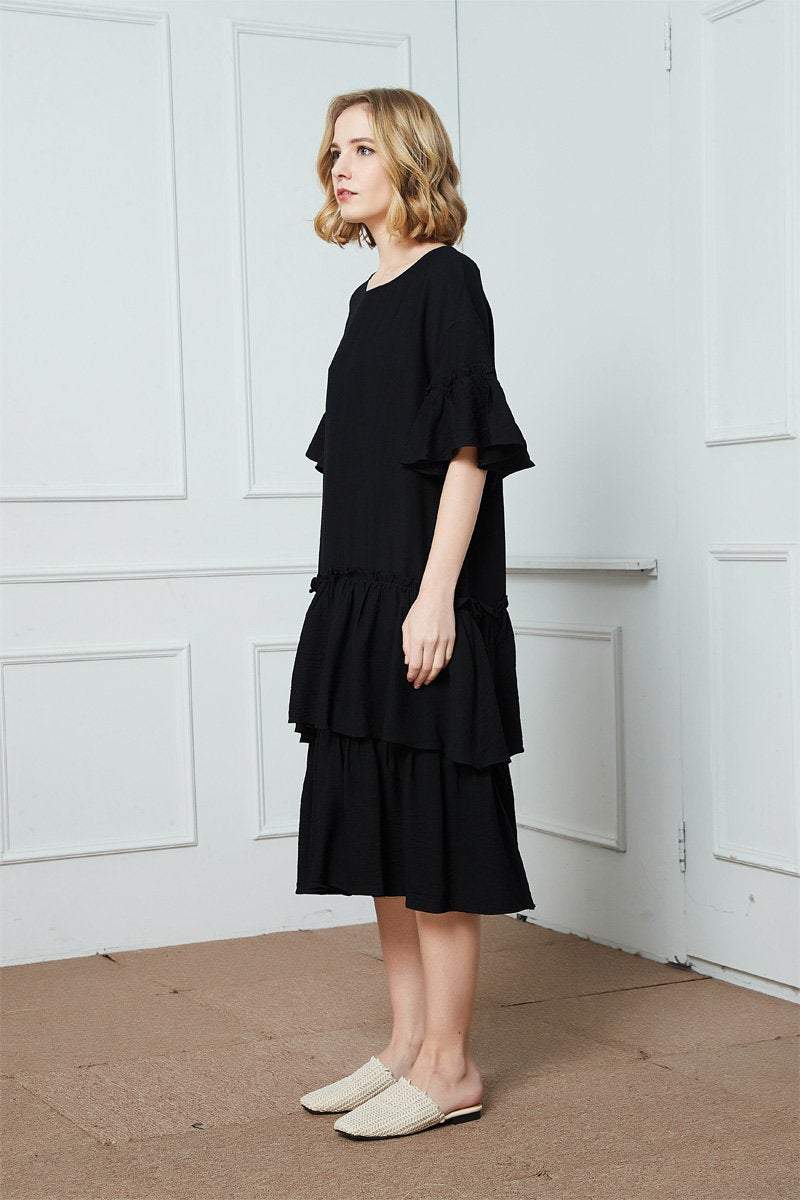 Black cotton ruffle dress, oversized cotton dress, midi dress, womens dresses, summer dress C1407