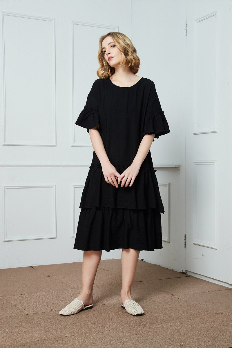 Black cotton ruffle dress, oversized cotton dress, midi dress, womens dresses, summer dress C1407