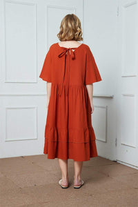 Oversized dress, orange cotton dress, simiple cotton dress, midi dress, dress with pockets, womens dress, ruffle dress C1406