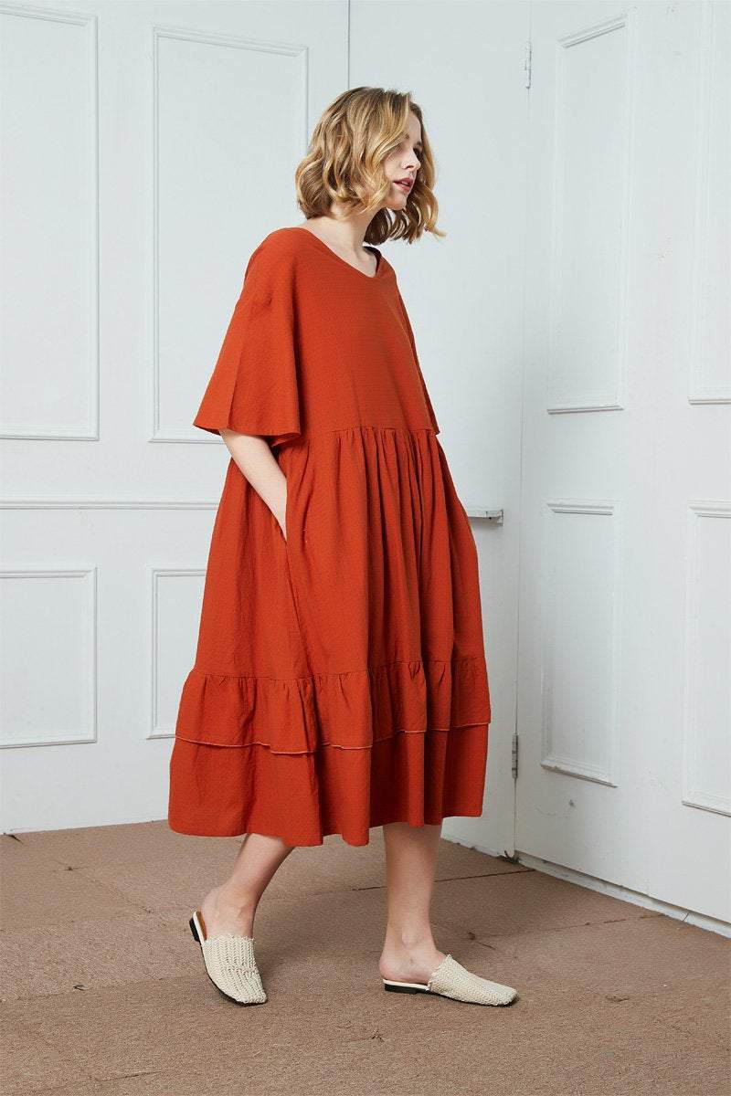 Oversized dress, orange cotton dress, simiple cotton dress, midi dress, dress with pockets, womens dress, ruffle dress C1406