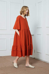Oversized dress, orange cotton dress, simiple cotton dress, midi dress, dress with pockets, womens dress, ruffle dress C1406