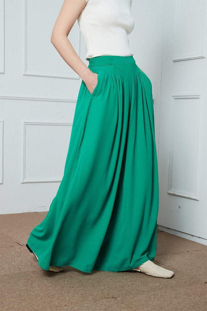Wide-Legs Chiffon Long Pants, Pleated Wide Leg Pants, green chiffon maxi pants, Chiffon casual womens pants, summer pants for womens C1387
