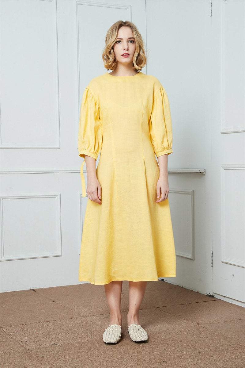 yellow linen midi dress Minimalist Yellow Linen Dressfor Women, Midi Dress, Petite Cocktail Frock, Fall Style, Linen Clothing, Oversize Dress, Washed Linen Dress