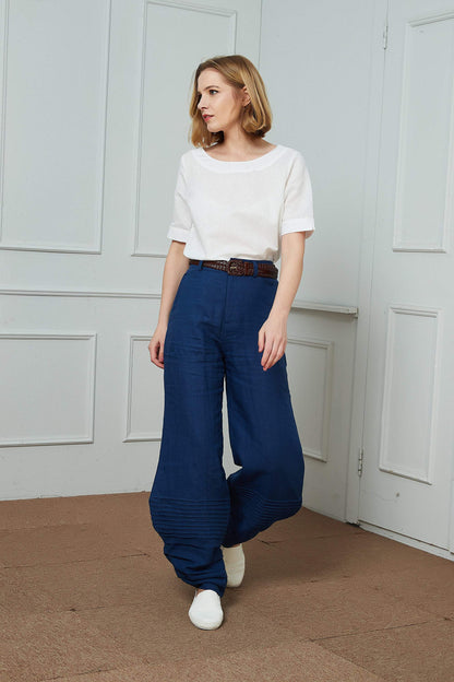 Linen Personalized pants, blue linen pants, womens linen pants, wide leg pants, linen casual pants