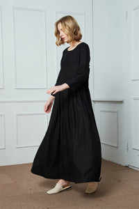 Linen dress, black linen dress, linen pleated dress, maxi linen dress, womens dresses, linen casual dress, pockets dress C1412