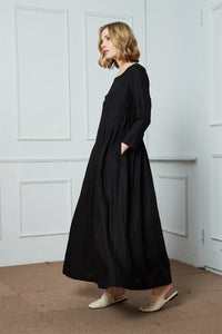Linen dress, black linen dress, linen pleated dress, maxi linen dress, womens dresses, linen casual dress, pockets dress C1412