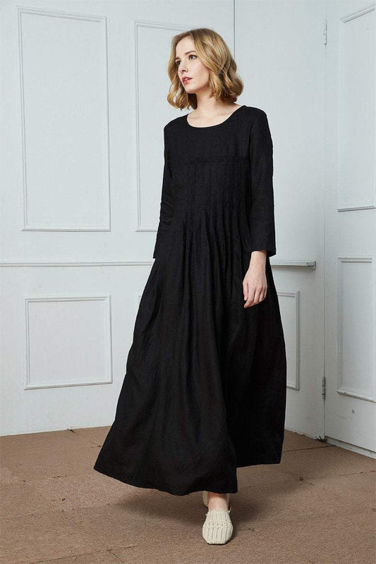 Linen dress, black linen dress, linen pleated dress, maxi linen dress, womens dresses, linen casual dress, pockets dress C1412