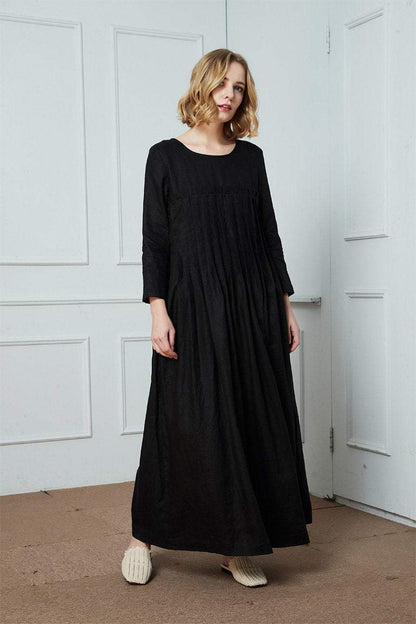 Green Linen Dress, linen dress, long linen dress, Pleated dress, loose linen dress, womens dresses, dress with pockets, plus size dress C358