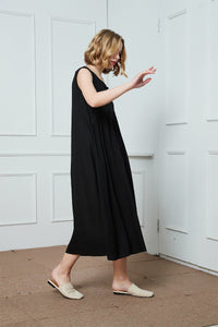 Linen dress, Linen sleeveless dress, black dress womens dresses, mid-length dress, pockets dress, pleated dress C1410