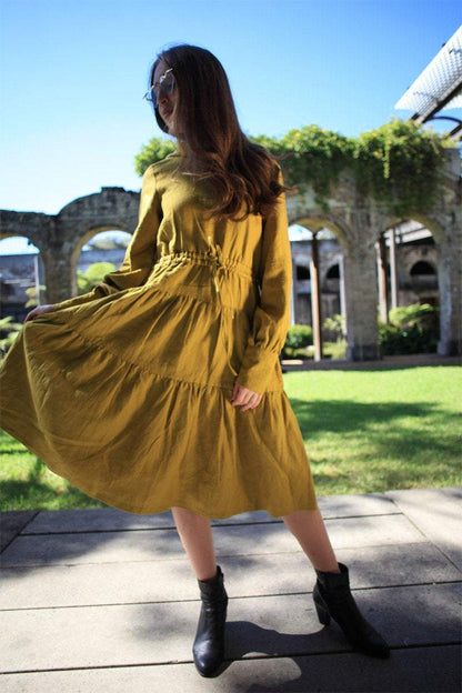Greenish mustard dress, linen dress, oversized linen dress, linen casual dress, drawstring waist dress, midi dress, womens dresses C1488