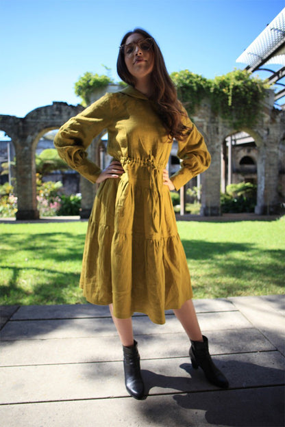 Greenish mustard dress, linen dress, oversized linen dress, linen casual dress, drawstring waist dress, midi dress, womens dresses C1488