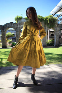 Greenish mustard dress, linen dress, oversized linen dress, linen casual dress, drawstring waist dress, midi dress, womens dresses C1488
