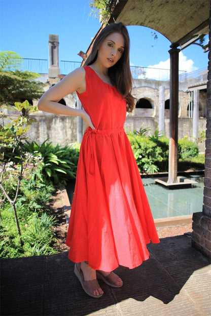 White Linen Summer Dress - Maxi Long Vest Top Sleeveless Pinwheel Dress with Drawstring Waist Sundress (C070)
