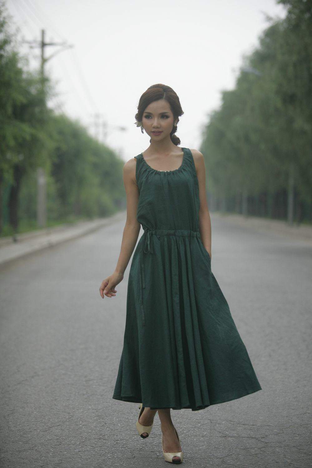 White Linen Summer Dress - Maxi Long Vest Top Sleeveless Pinwheel Dress with Drawstring Waist Sundress (C070)
