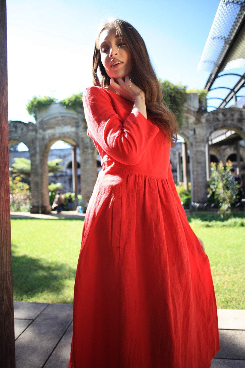 Linen dress, simiple linen dress, long linen dress, womens dress, red dress, pleated dress, pockets dress C1501