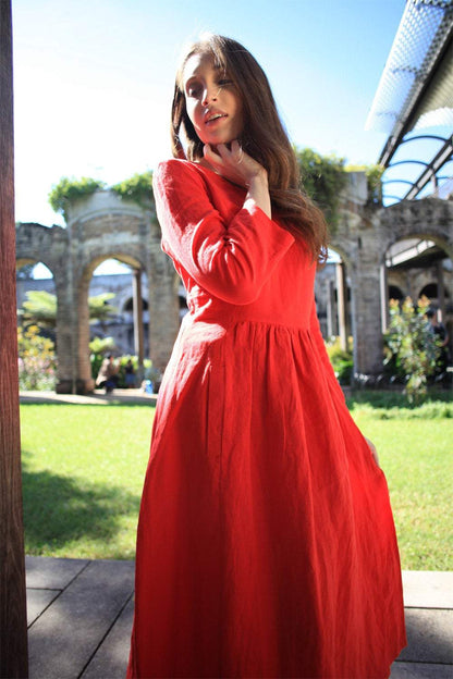 Linen dress, simiple linen dress, long linen dress, womens dress, red dress, pleated dress, pockets dress C1501
