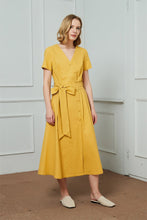 Load image into Gallery viewer, Yellow midi shirt dress, linen shirt dress, V Neck buttons mid dress, womens linen dress, Ylistyle linen midi shirt dress C1476
