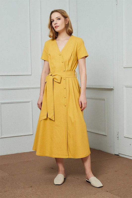 Yellow midi shirt dress, linen shirt dress, V Neck buttons mid dress, womens linen dress, Ylistyle linen midi shirt dress C1476