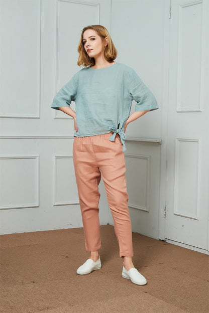 Classic minimal linen pants, Women's trousers with an elastic waist, Tapered Linen Pants with pocket, Linen pantaloons, Mid rise waist C1477