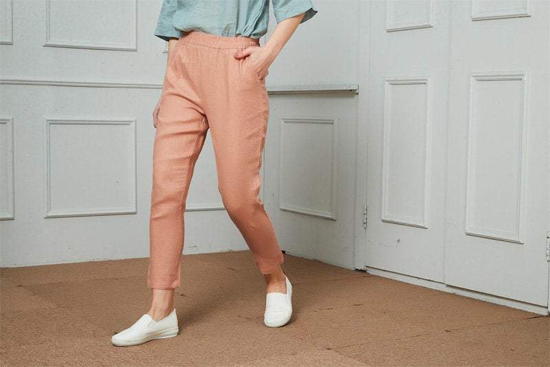 Classic minimal linen pants, Women's trousers with an elastic waist, Tapered Linen Pants with pocket, Linen pantaloons, Mid rise waist C1477