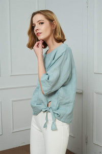 Oversized linen top, Back-Button Short-Sleeve Top, Button linen top, blue linen top, womens linen top, summer linen top C1478