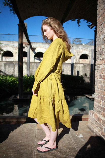 Greenish mustard dress, linen dress, oversized linen dress, linen casual dress, drawstring waist dress, midi dress, womens dresses C1488