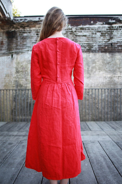 Linen dress, simiple linen dress, long linen dress, womens dress, red dress, pleated dress, pockets dress C1501