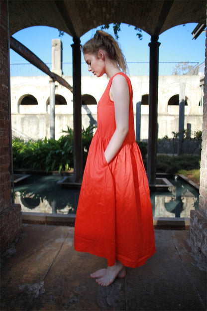 Linen dress, orange Linen Dress, Maxi Neutral Color V-neck Sleeveless Loose-Fitting Summer Dress with Pocket C1492
