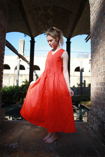 Linen dress, orange Linen Dress, Maxi Neutral Color V-neck Sleeveless Loose-Fitting Summer Dress with Pocket C1492