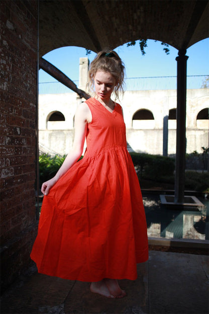 Linen dress, orange Linen Dress, Maxi Neutral Color V-neck Sleeveless Loose-Fitting Summer Dress with Pocket C1492