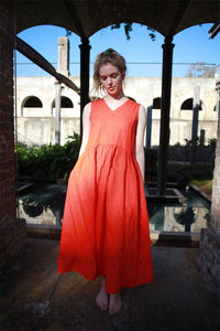 Linen dress, orange Linen Dress, Maxi Neutral Color V-neck Sleeveless Loose-Fitting Summer Dress with Pocket C1492