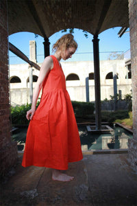 Linen dress, orange Linen Dress, Maxi Neutral Color V-neck Sleeveless Loose-Fitting Summer Dress with Pocket C1492