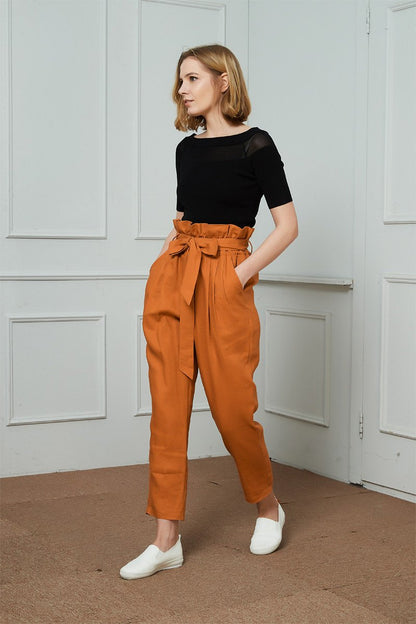High-Waisted Linen Pants, linen tapered pants with rope belt, womens linen pants, long linen pants C1421