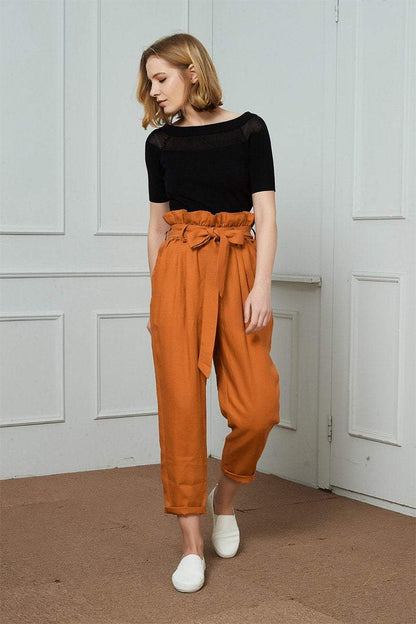 High-Waisted Linen Pants, linen tapered pants with rope belt, womens linen pants, long linen pants C1421