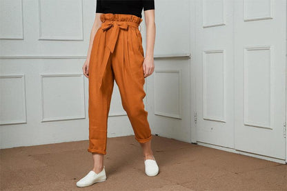 High-Waisted Linen Pants, linen tapered pants with rope belt, womens linen pants, long linen pants C1421