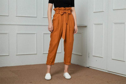 High-Waisted Linen Pants, linen tapered pants with rope belt, womens linen pants, long linen pants C1421