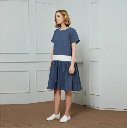 linen dress, blue and white linen dress, midi linen dress, dress for women, casual dress, loose linen dress, handmade linen dress C1459