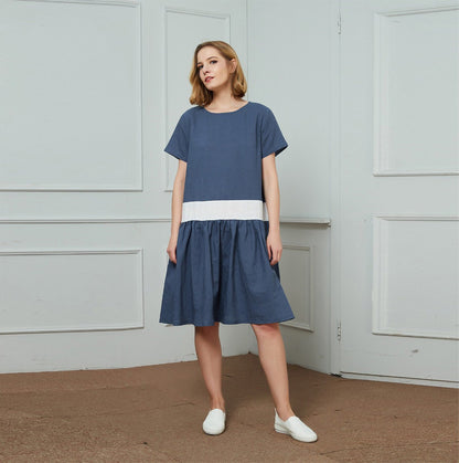 linen dress, blue and white linen dress, midi linen dress, dress for women, casual dress, loose linen dress, handmade linen dress C1459
