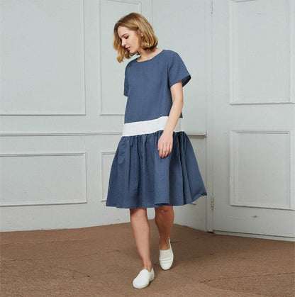 linen dress, blue and white linen dress, midi linen dress, dress for women, casual dress, loose linen dress, handmade linen dress C1459