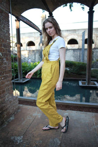 yellow linen pants, linen jumpsuit, casual linen pants, linen pants for women, yellow Bib linen pants, handmade linen pants C1502
